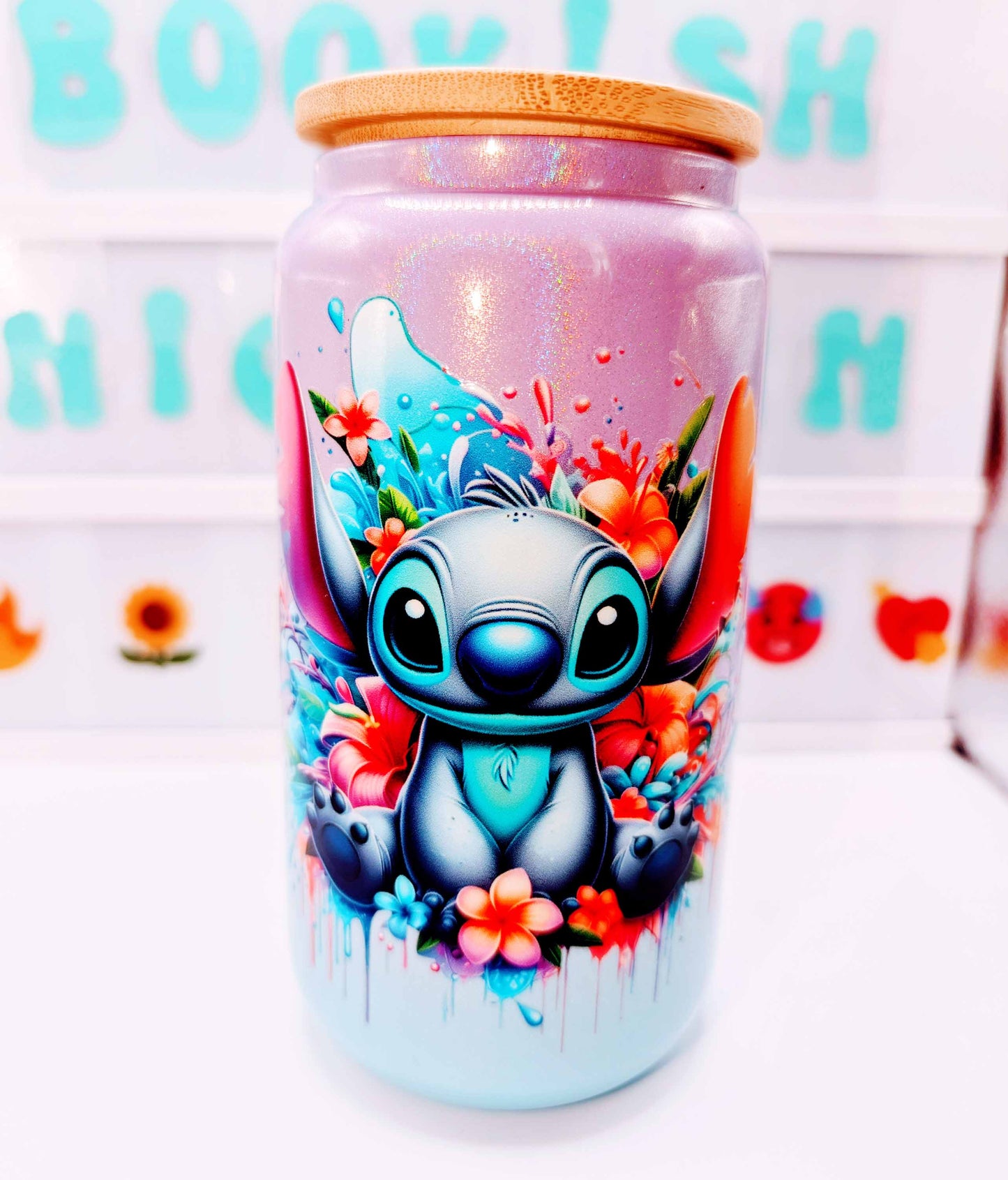 Glass cup - Sparkly pink & blue - Alien design