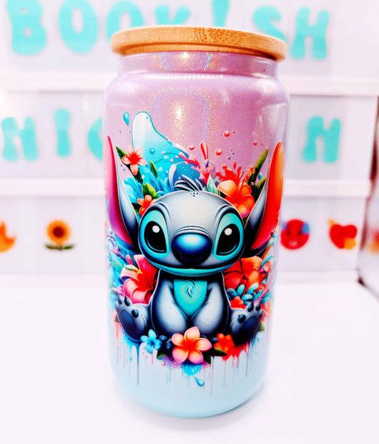 Glass cup - Sparkly pink & blue - Alien design