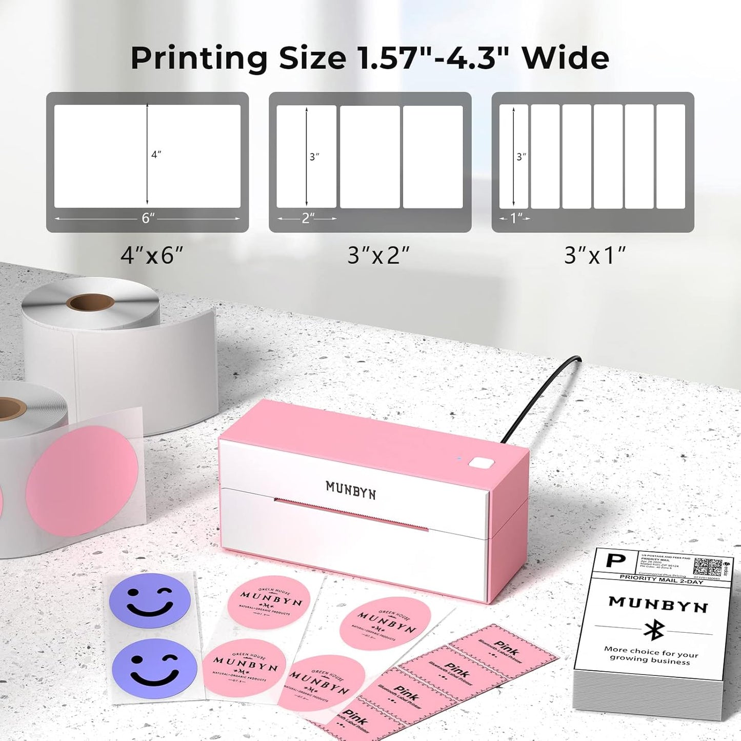 MUNBYN Bluetooth Thermal Label Printer, Wireless 4x6 label printer,  ITPP129, Pink